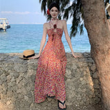 Wjczt NEW Halter Backless Beach Dresses Ladies Elegant Strappy Long Floral Dress 2024 Summer Slim Women's Bridesmaid Chic Sundress