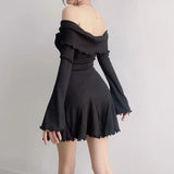 Wjczt Autumn Strapless Sexy Black A-LINE Dress Women Off Shoulder Long Sleeves Streetwear Knitting Mini Dresses Elegant Club Partywear