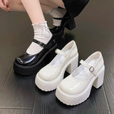 Wjczt High Heels Platform Chunky Pumps Women Pu Leather Ankle Buckle Mary Jane Shoes Woman Thick Heeled Goth Lolita Shoes Female