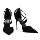 Wjczt Women's Summer Sandals Cross Strap Sexy High Heels Black Suede Shoes Skirt