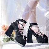 Wjczt NEW Classic Velvet Lace Up Lolita Young Girl Pumps Mary Jane Shoes Women Bowtie Thick Heel Elegant Valentine Shoes