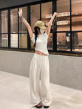 Wjczt Wide Leg White Linen Pants Woman Casual Basic Summer 2024 Oversize Female Straight Trousers Baggy Elastic Waist Pants