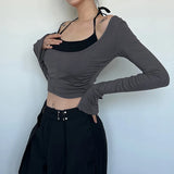 Wjczt Women T-shirts Sexy V Neck Long Sleeve Off Shoulder Lady T Shirt Cotton Plain Women Crop Tops Basic Tees Undershirt Autumn Tops