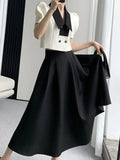 Wjczt French Elegant Two Piece Sets Vintage Office Lady Puff Sleeve White Crop Top + A Line Black Midi Skirts Suit Retro Summer Outfit