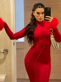 Wjczt autumn winter new red feather sleeve midi dresss for women gown fashion turtleneck backless sexy party long dress