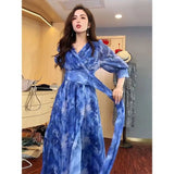 Wjczt Korean Fashion Puff Sleeve Floral Dress Loose Waist With Bandage New Women's Summer Dresses Elegant Casual Midi Vestidos Mujer