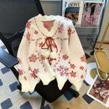 Wjczt Christmas Snowflake Sweater Women Jumper Bow V Neck Long Sleeve Knitted Sweater Winter Pullover Tops Korean Fashion Sweater New