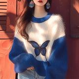 Wjczt Lazy Style Contrasting Color Klein Blue Soft Women's Sweater Autumn Winter Loose Korean Version Butterfly Printed Top for Women