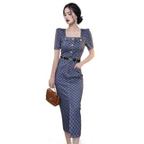 Wjczt Korean Fashion Summer Short Sleeve Split Temperament Square Collar Midi Length Dress Elegant Woman Party Dresses 2023 with Belt