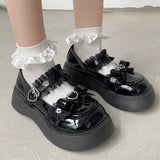 Wjczt Sweet Lace Bowknot Lolita Shoes Women Heart Buckle Patent Leather Mary Janes Woman 2025 Round Toe Platform Flats Shoes