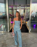 Wjczt Fashion Sequins Denim Set Women Strapless Tunic Waist Crop Top and Wide Leg Pant Suit 2024 New 2 Piece Sets Outfits Tracksuit