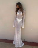 Long Sleeve Knit Beach Dress Women Sexy See Through Slim Maxi Dress Summer Elegant Solid Backless Long Dress Holiday Outfit 2025