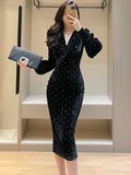 Wjczt Hepburn Black Velvet Polka Dot Bodycon Women's Long Dress Autumn Winter Luxury Party Vestidos 2025 Korean Elegant Evening Dress