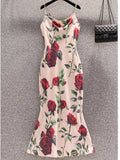 Wjczt 2024 Summer Vintage Elegant Rose Printing Sling Sexy Dress V-neck Chic Evening Chiffon Dresses Fashion Prom Party Maxi Vestidos