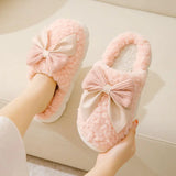 Wjczt Cotton Bowknot Slippers Ladies Winter indoor Home Warm Fluffy Shoes Comfortable Slippers 3.5CM Thick Sole Antislip