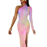 Wjczt Neon Paint Long Dress Women Graffiti Splatter Print Party Maxi Dress Summer Long Sleeve Sexy Bodycon Dresses Side Split Clothes