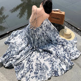 Wjczt Elegant Floral Print Spaghetti Strap Boho Maxi Dress Women Summer Sexy Cross Backless Casual Beach Vacation Dress Vestidos