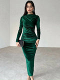 Wjczt Elegant Velvet Long Sleeve Sexy Maxi Dress For Women Autumn Winter New Fashion O Neck Bodycon Club Party Long Dress