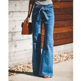 Wjczt Blue Tie Waist Flare Jeans Women Slim Denim Trousers Vintage Clothes 2021 spring High  Pants Belted Stretchy Wide Leg