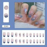 Wjczt 24P Nail Art Fake Nails Japanese Ballerina Press on Nails Set Diamond Streamer Flash Fly Butterfly Seamless Removable False Nail