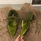 Wjczt Luxury Fur Furry Women Slippers Fur Flat Mules Fashion Velour Slides Indoor Outdoor Sexy Cotton Warm Slides Winter flats shoes