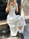 Wjczt Lace Up Slim Maxi Dresses For Women High Waist Corset Dress Womens Whitewedding Holiday Elegant Fashion Folds Dress Woman