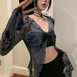 Wjczt  -Coachella Valley Music Festival Outfits,Graduation Gift,Tie-Dye Print Long Sleeve Slim Fit Buckle Front T-shirts Blouses Korean Grunge Sheer Mesh Crop Tops 00s Retro Y2K Streetwear