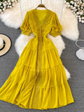 Wjczt New Women Vintage Party Dress Summer Puff Sleeve Sexy V Neck Lace Single-breasted Long Dresses Ladies A Line Elegant Long Robe