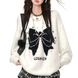 Wjczt  Sweet Kawaii Sweaters Women Bow Y2k Harajuku Elegant Knitted Pullover Korean Style Cutecore Casual Long Sleeve Sweaters