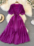 Wjczt New Women Vintage Party Dress Summer Puff Sleeve Sexy V Neck Lace Single-breasted Long Dresses Ladies A Line Elegant Long Robe