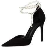 Wjczt Black High Heels 2024 New Pumps Stiletto Pointed Toe Pearl Anklets High-end Shoes Fashionable Comfortable Women's Shoes