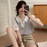 Wjczt  -Fake Two Piece Patchwork Korean Knitted Tshirts Puff Sleeve Women Turn-down Collar Ice Silk Tees Loose Striped Y2k Camisetas