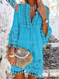 Wjczt New Spring Embroidery Crochet Lace Boho Dress Women Elegant Off Shoulder Tassel Ruffle Mini Dress Summer V Neck Lady Beach Dress