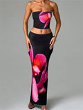 Wjczt Sexy Women 2 Pieces Outfits Floral Print Tube Tops and Elastic Waist Bodycon Long Skirts Sets Summer Streetwear 2024