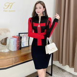 Wjczt  Winter Zipper Pattern Pullover Sweater Pencil Dress Sexy Women Knitted Sheath Bodycon Dresses Chic Simple Vestidos