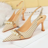 Wjczt Shoes Spring Women Pumps Pearl Metal Chain High-heels Checked Grain Stilettos Women Heels Luxury Banquet Shoes 43