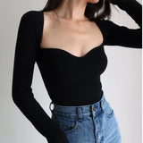 Wjczt Square Collar Long Sleeve Tops Woman Sexy Knit Pullover Spring Autumn T-shirt For Ladies Black White Club Skinny Crop Top Shirt