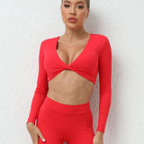 Wjczt Long Sleeve Gym Crop Tops for Women Twist Deep V Workout Crop Shirt Top Quick Dry Padded Sports Fitness Yoga Top