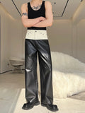 Wjczt  Designer Denim Matching PU Leather Color Contrast Versatile Straight Pants 2025 Spring Wide Leg Trousers High Street