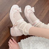 Wjczt New Women Pumps Ladies Ballet Mary Jane Riband Chunky Heel Shallow Sandals Female Lolita Round Toe Sweet Bow-knot Cozy Shoes