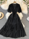 Wjczt New Women Vintage Party Dress Summer Puff Sleeve Sexy V Neck Lace Single-breasted Long Dresses Ladies A Line Elegant Long Robe