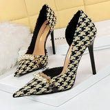 Wjczt Shoes Spring Women Pumps Pearl Metal Chain High-heels Checked Grain Stilettos Women Heels Luxury Banquet Shoes 43