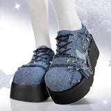 Wjczt Y2K Star Print Chunky Platform Ankle Boots Women New Metal Chain Blue Denim Boots Woman Cute Thick Bottom Jk Lolita Shoes