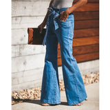 Wjczt Blue Tie Waist Flare Jeans Women Slim Denim Trousers Vintage Clothes 2021 spring High  Pants Belted Stretchy Wide Leg