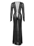 Wjczt Women See Through Bodycon Long Dress Long Sleeve Mesh Sheer Maxi Dress Cross Tie Up Backless Club Party Dress Maxi Dress