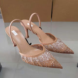 Wjczt 2024 Summer New Women's Sandals Water Diamond Bright Mesh High Heels Footwear Elegant Slingback Pointed Slip on Party Lady Shoes