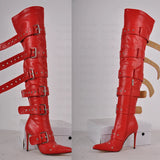 Wjczt Women Pointed Toe Red Over The Knee Boots Buckle Strap Thin High Heel Lady Zipper Female Thigh High  Stiletto Boots