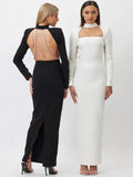 Wjczt Elegant Sparkle Chain Backless Maxi Dress For Women Autumn Winter New Long Sleeve Bodycon Split Long Dress 2024 New