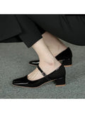 Wjczt New Women Red Black Mary Janes Shoes Lady High Quality Leather Low Heel Dress Shoes Square Toe Shallow Buckle Strap Shoes Female