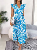 Wjczt 2025 New Blue Floral Print White Dresses Women Lace Hollow Out Long Dress Holiady Summer Bodycon Robe Elegant Ruffles Vestidos